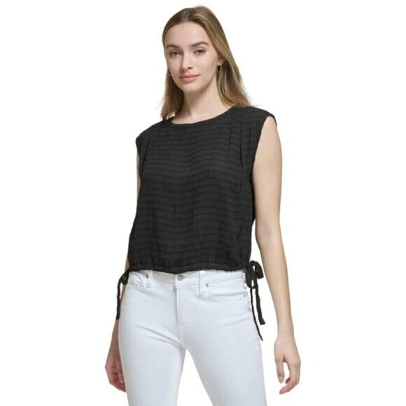 Calvin Klein Women's Large Black Side-Tie Pintuck Round-Neck Top NWT - Picture 1 of 6